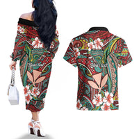 Personalised Hawaii Tribal Humpback Whale Couples Matching Off The Shoulder Long Sleeve Dress and Hawaiian Shirt Ulaula Hibiscus Seamless Pattern LT9 - Polynesian Pride