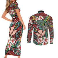 Personalised Hawaii Tribal Humpback Whale Couples Matching Short Sleeve Bodycon Dress and Long Sleeve Button Shirt Ulaula Hibiscus Seamless Pattern LT9 - Polynesian Pride