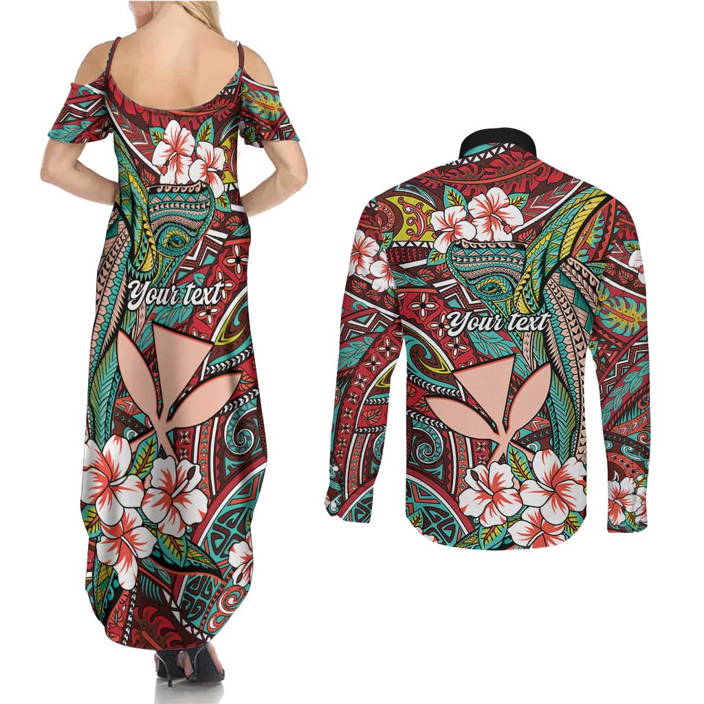 Personalised Hawaii Tribal Humpback Whale Couples Matching Summer Maxi Dress and Long Sleeve Button Shirt Ulaula Hibiscus Seamless Pattern