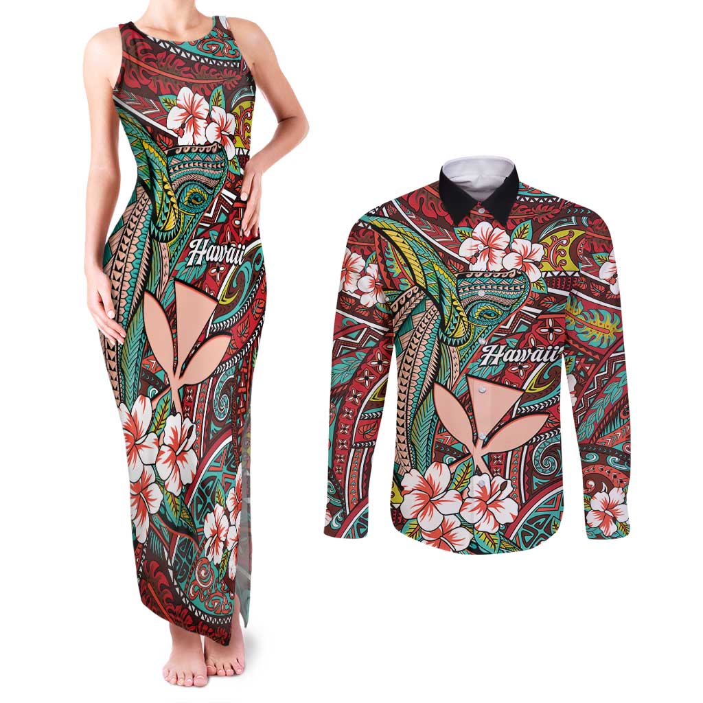Personalised Hawaii Tribal Humpback Whale Couples Matching Tank Maxi Dress and Long Sleeve Button Shirt Ulaula Hibiscus Seamless Pattern