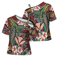 Personalised Hawaii Tribal Humpback Whale Cross Shoulder Shirt Ulaula Hibiscus Seamless Pattern