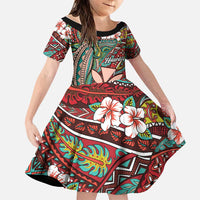 Personalised Hawaii Tribal Humpback Whale Family Matching Long Sleeve Bodycon Dress and Hawaiian Shirt Ulaula Hibiscus Seamless Pattern LT9 Daughter's Dress Red - Polynesian Pride