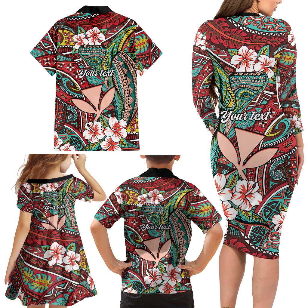 Personalised Hawaii Tribal Humpback Whale Family Matching Long Sleeve Bodycon Dress and Hawaiian Shirt Ulaula Hibiscus Seamless Pattern LT9 - Polynesian Pride