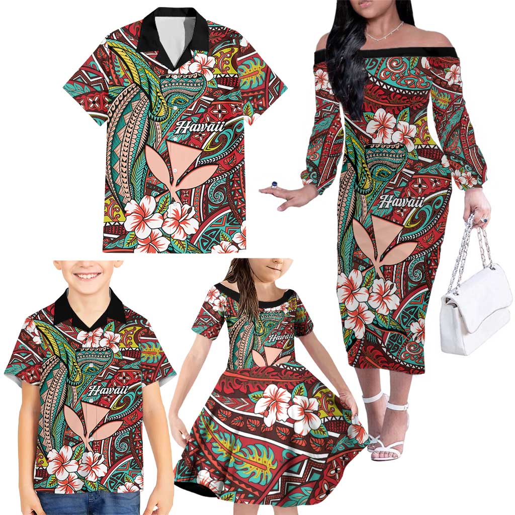 Personalised Hawaii Tribal Humpback Whale Family Matching Off The Shoulder Long Sleeve Dress and Hawaiian Shirt Ulaula Hibiscus Seamless Pattern LT9 - Polynesian Pride