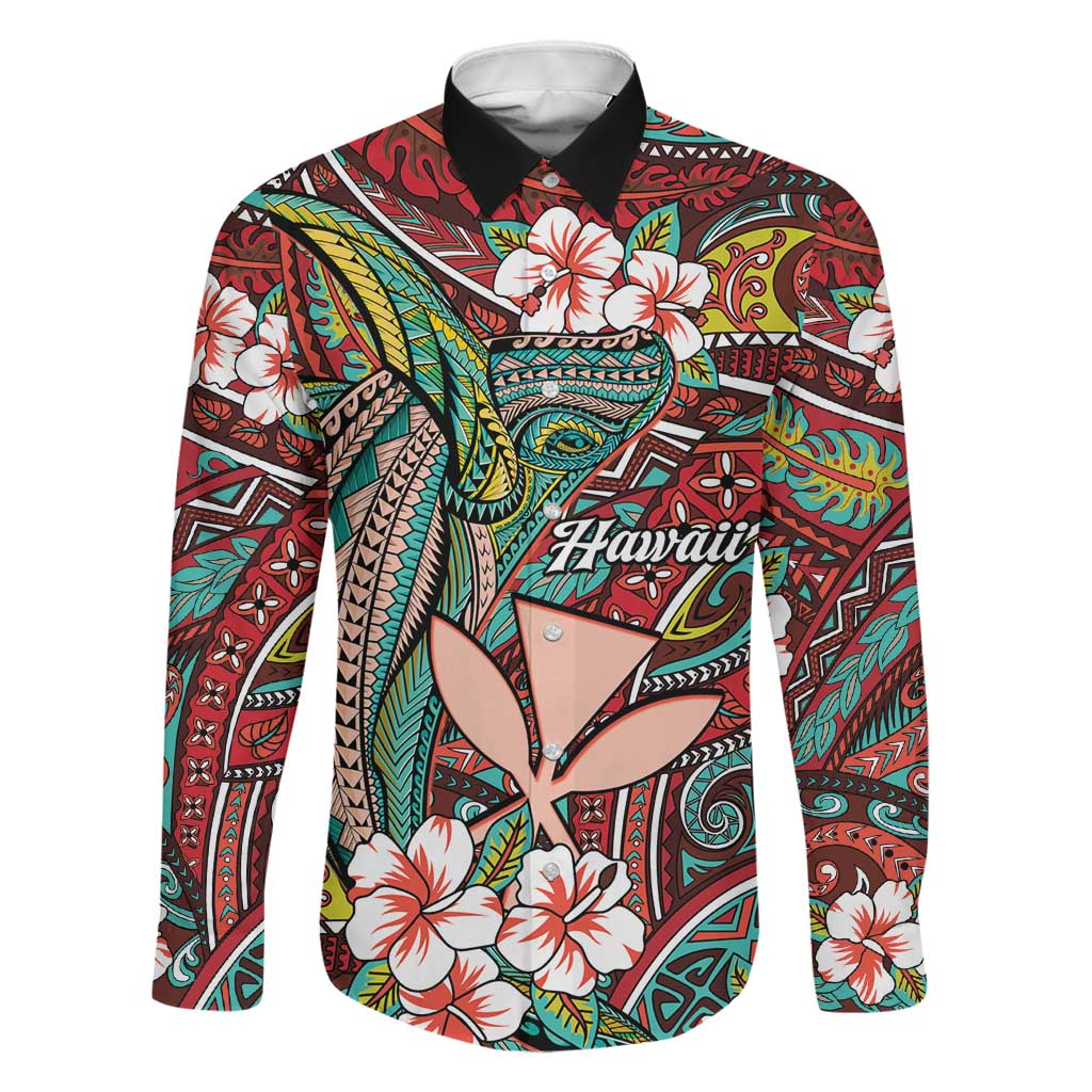 Personalised Hawaii Tribal Humpback Whale Family Matching Off The Shoulder Long Sleeve Dress and Hawaiian Shirt Ulaula Hibiscus Seamless Pattern LT9 Dad's Shirt - Long Sleeve Red - Polynesian Pride