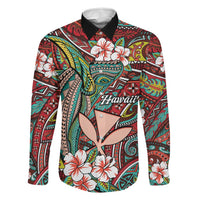 Personalised Hawaii Tribal Humpback Whale Family Matching Off The Shoulder Long Sleeve Dress and Hawaiian Shirt Ulaula Hibiscus Seamless Pattern LT9 Dad's Shirt - Long Sleeve Red - Polynesian Pride