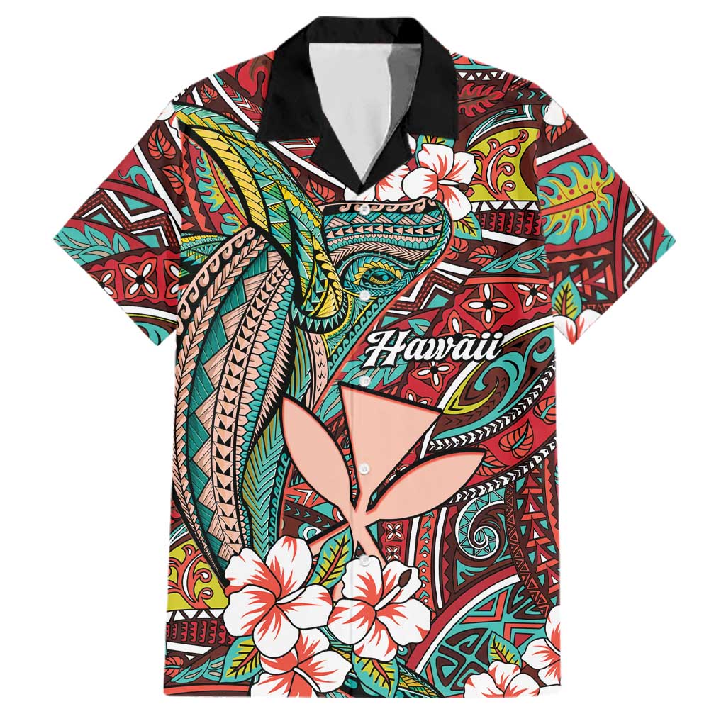 Personalised Hawaii Tribal Humpback Whale Family Matching Off Shoulder Maxi Dress and Hawaiian Shirt Ulaula Hibiscus Seamless Pattern LT9 Dad's Shirt - Short Sleeve Red - Polynesian Pride