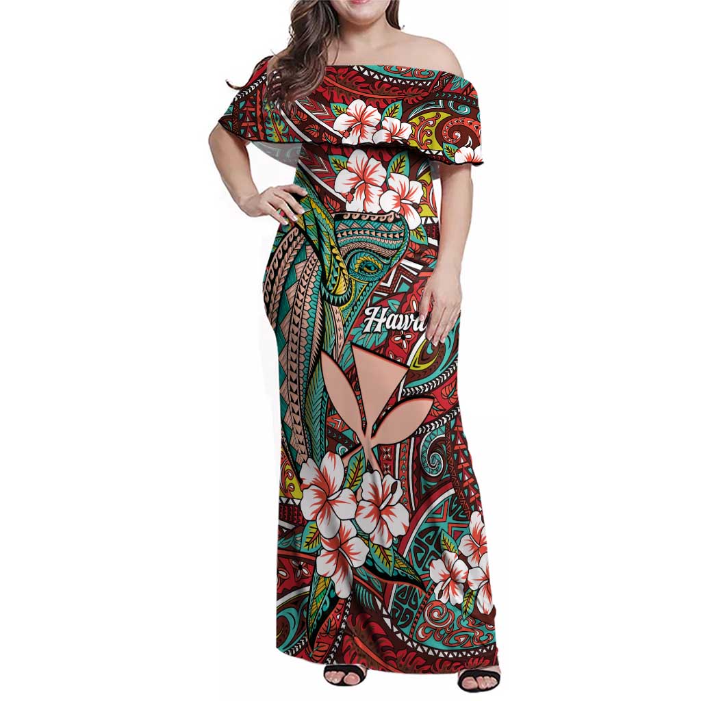 Personalised Hawaii Tribal Humpback Whale Family Matching Off Shoulder Maxi Dress and Hawaiian Shirt Ulaula Hibiscus Seamless Pattern LT9 Mom's Dress Red - Polynesian Pride