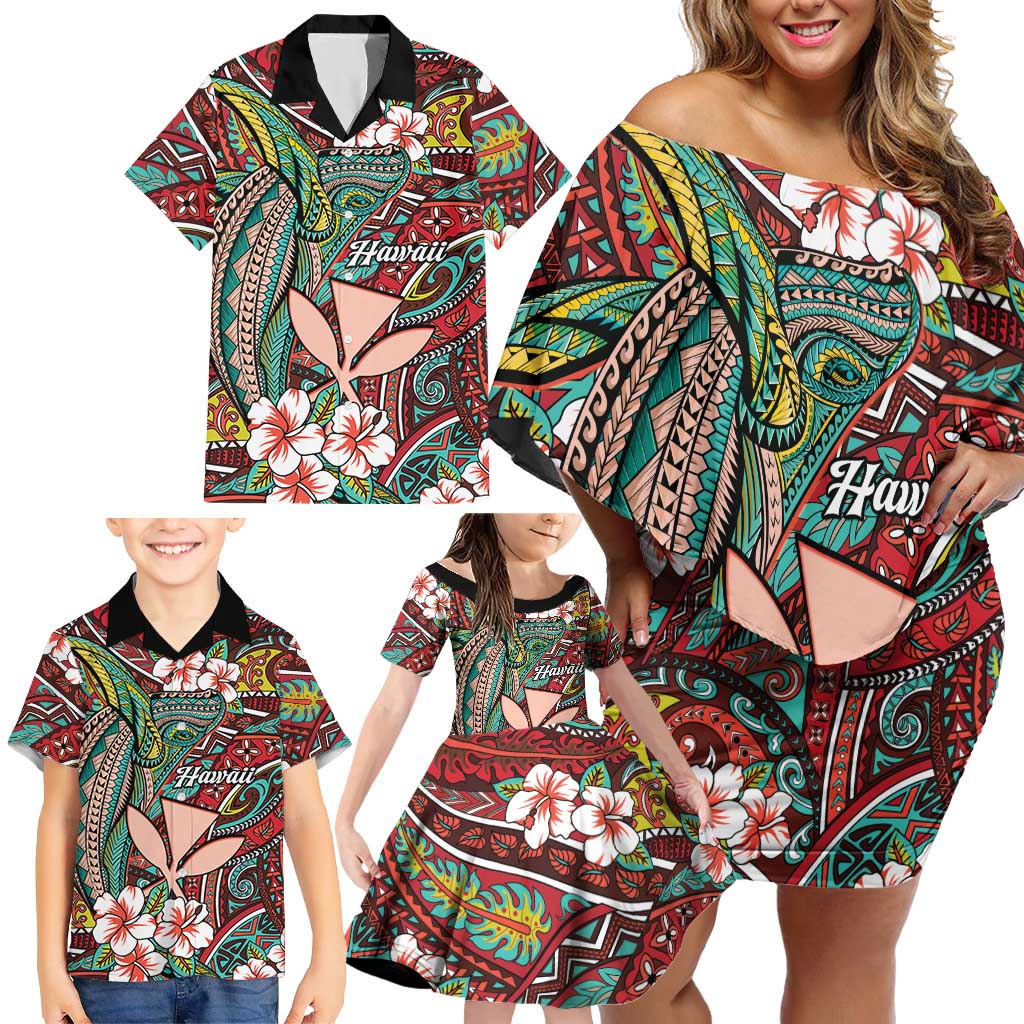 Personalised Hawaii Tribal Humpback Whale Family Matching Off Shoulder Short Dress and Hawaiian Shirt Ulaula Hibiscus Seamless Pattern LT9 - Polynesian Pride