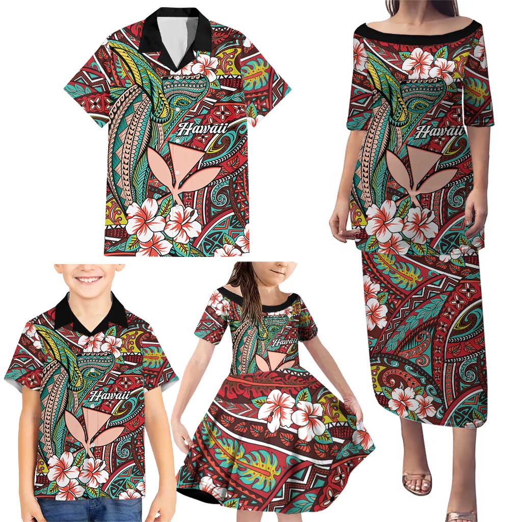 Personalised Hawaii Tribal Humpback Whale Family Matching Puletasi and Hawaiian Shirt Ulaula Hibiscus Seamless Pattern LT9 - Polynesian Pride