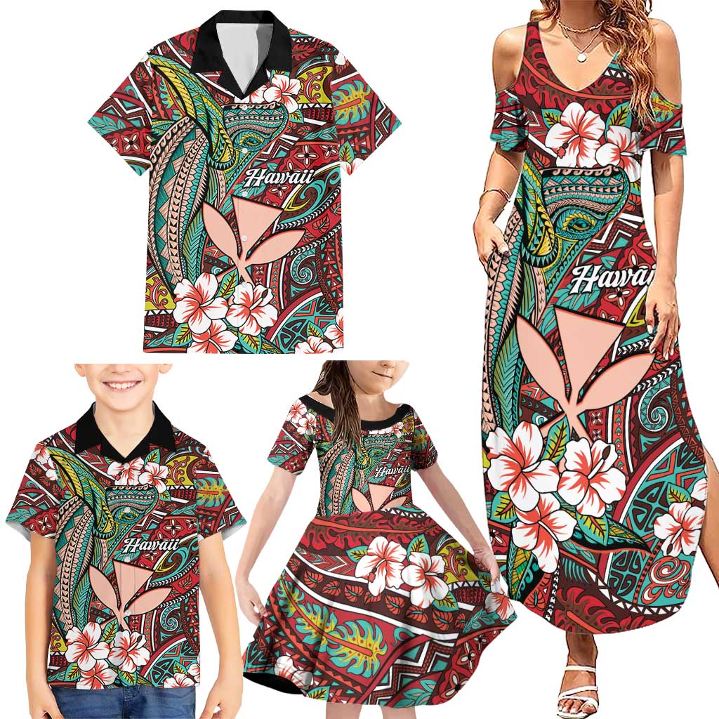 Personalised Hawaii Tribal Humpback Whale Family Matching Summer Maxi Dress and Hawaiian Shirt Ulaula Hibiscus Seamless Pattern