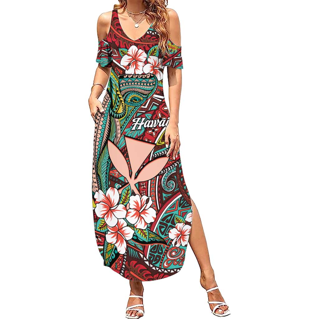 Personalised Hawaii Tribal Humpback Whale Family Matching Summer Maxi Dress and Hawaiian Shirt Ulaula Hibiscus Seamless Pattern LT9 Mom's Dress Red - Polynesian Pride