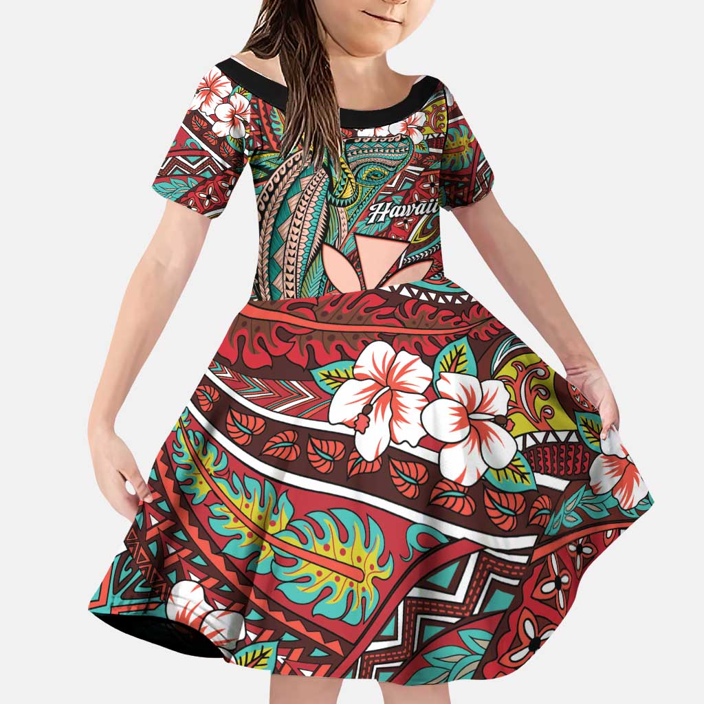 Personalised Hawaii Tribal Humpback Whale Family Matching Tank Maxi Dress and Hawaiian Shirt Ulaula Hibiscus Seamless Pattern LT9 Daughter's Dress Red - Polynesian Pride