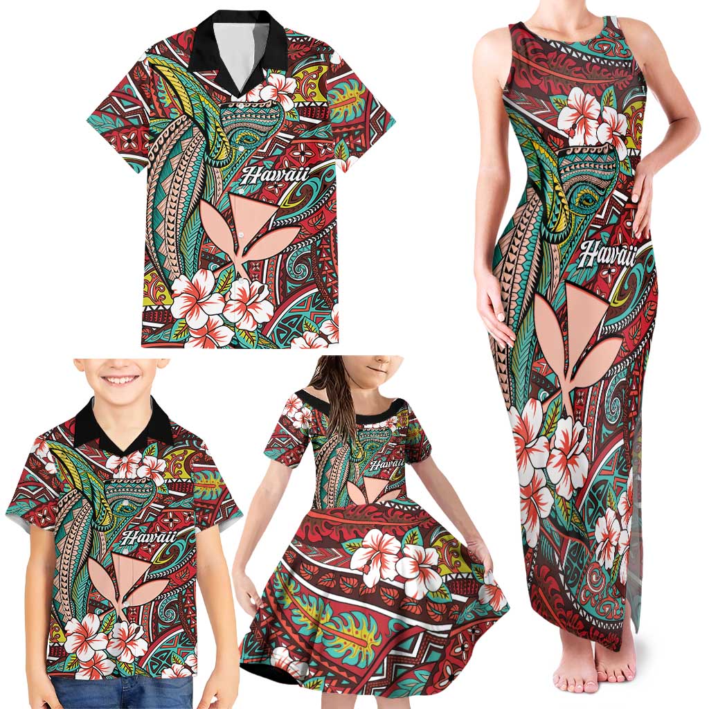 Personalised Hawaii Tribal Humpback Whale Family Matching Tank Maxi Dress and Hawaiian Shirt Ulaula Hibiscus Seamless Pattern
