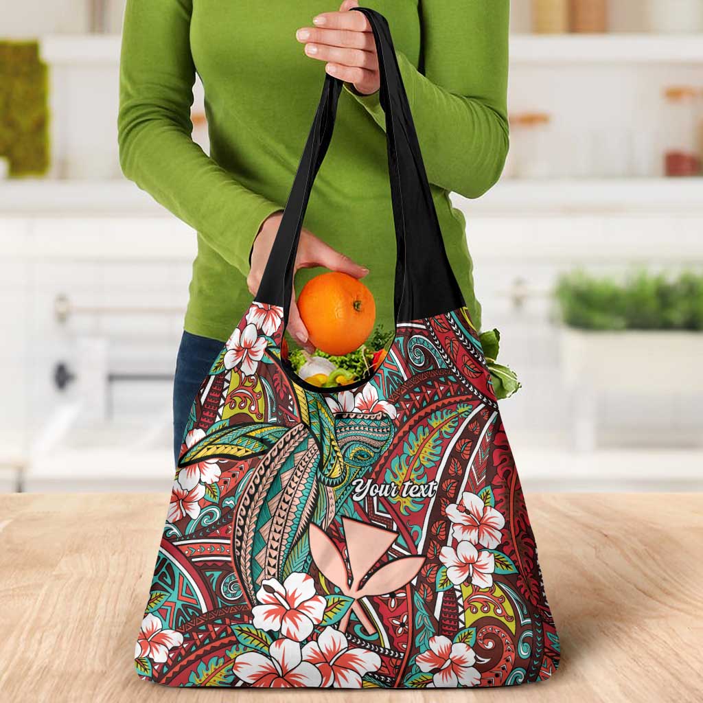 Personalised Hawaii Tribal Humpback Whale Grocery Bag Ulaula Hibiscus Seamless Pattern LT9 - Polynesian Pride