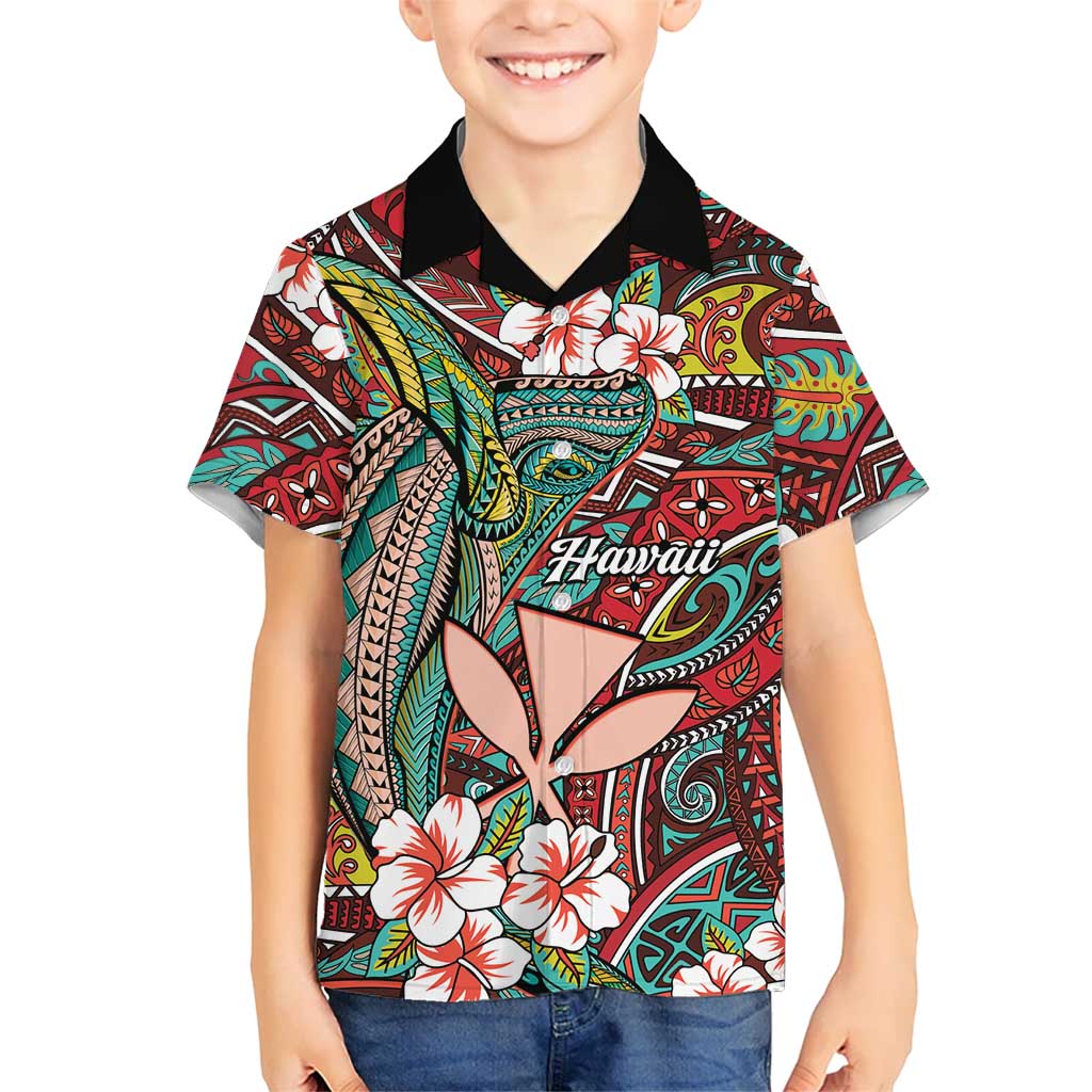 Personalised Hawaii Tribal Humpback Whale Kid Hawaiian Shirt Ulaula Hibiscus Seamless Pattern