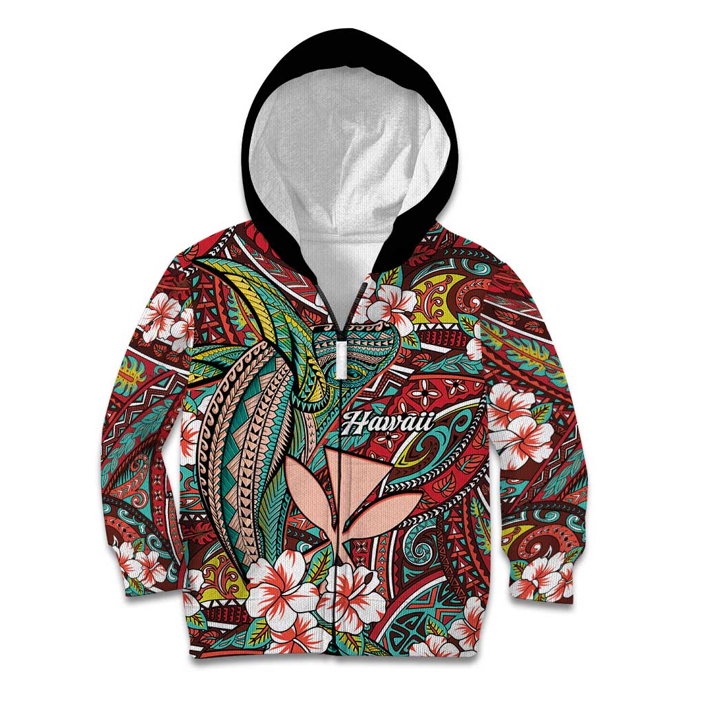 Personalised Hawaii Tribal Humpback Whale Kid Hoodie Ulaula Hibiscus Seamless Pattern