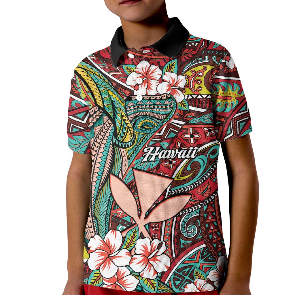 Personalised Hawaii Tribal Humpback Whale Kid Polo Shirt Ulaula Hibiscus Seamless Pattern