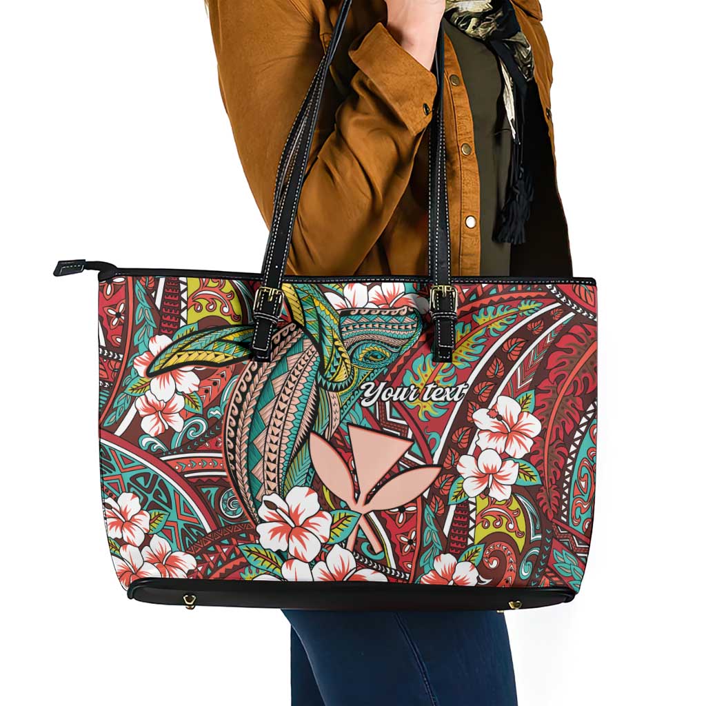 Personalised Hawaii Tribal Humpback Whale Leather Tote Bag Ulaula Hibiscus Seamless Pattern