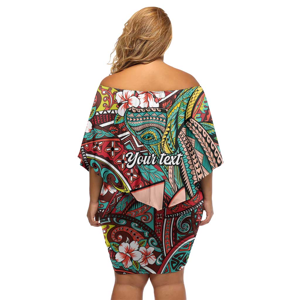 Personalised Hawaii Tribal Humpback Whale Off Shoulder Short Dress Ulaula Hibiscus Seamless Pattern