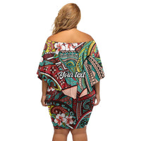 Personalised Hawaii Tribal Humpback Whale Off Shoulder Short Dress Ulaula Hibiscus Seamless Pattern