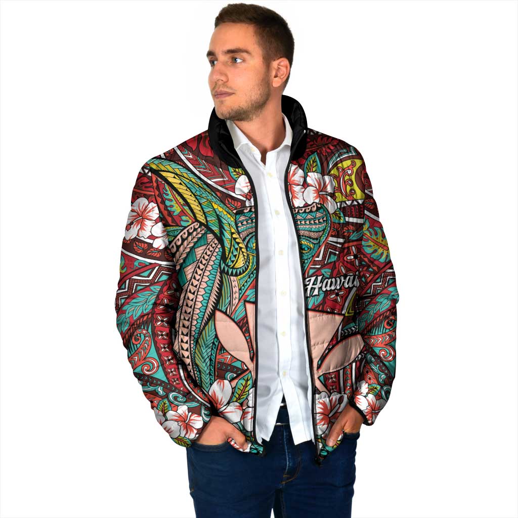 Personalised Hawaii Tribal Humpback Whale Padded Jacket Ulaula Hibiscus Seamless Pattern