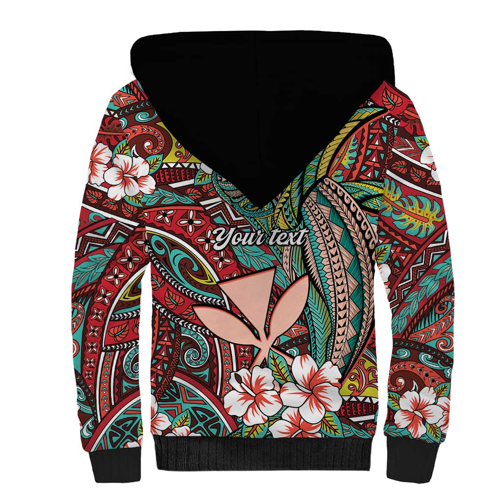 Personalised Hawaii Tribal Humpback Whale Sherpa Hoodie Ulaula Hibiscus Seamless Pattern