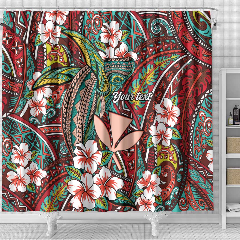 Personalised Hawaii Tribal Humpback Whale Shower Curtain Ulaula Hibiscus Seamless Pattern