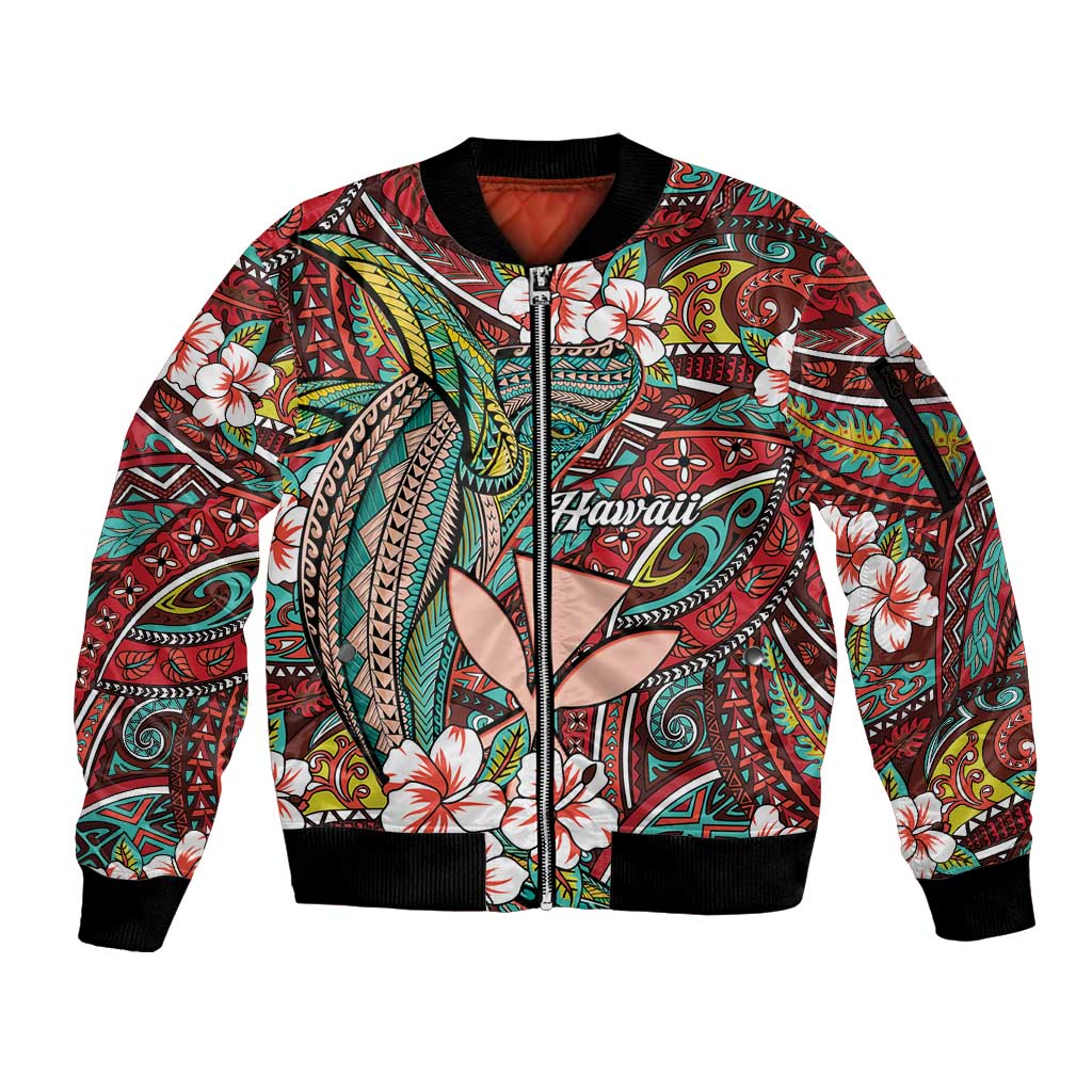 Personalised Hawaii Tribal Humpback Whale Sleeve Zip Bomber Jacket Ulaula Hibiscus Seamless Pattern