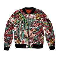 Personalised Hawaii Tribal Humpback Whale Sleeve Zip Bomber Jacket Ulaula Hibiscus Seamless Pattern