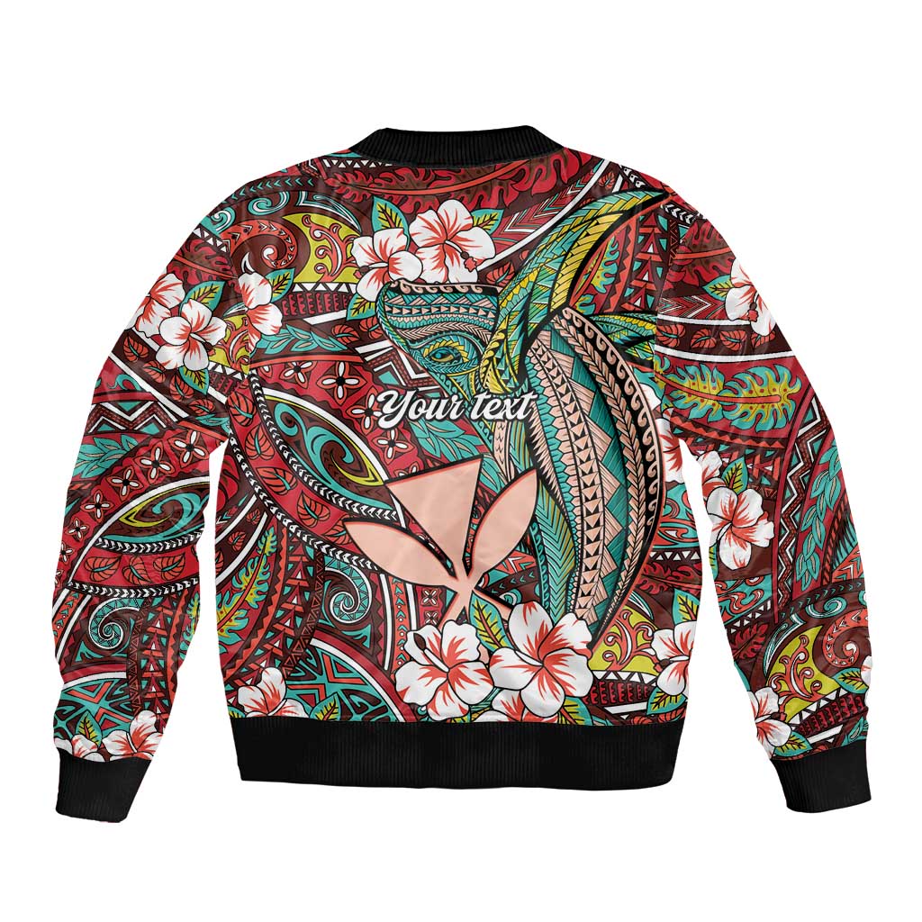 Personalised Hawaii Tribal Humpback Whale Sleeve Zip Bomber Jacket Ulaula Hibiscus Seamless Pattern