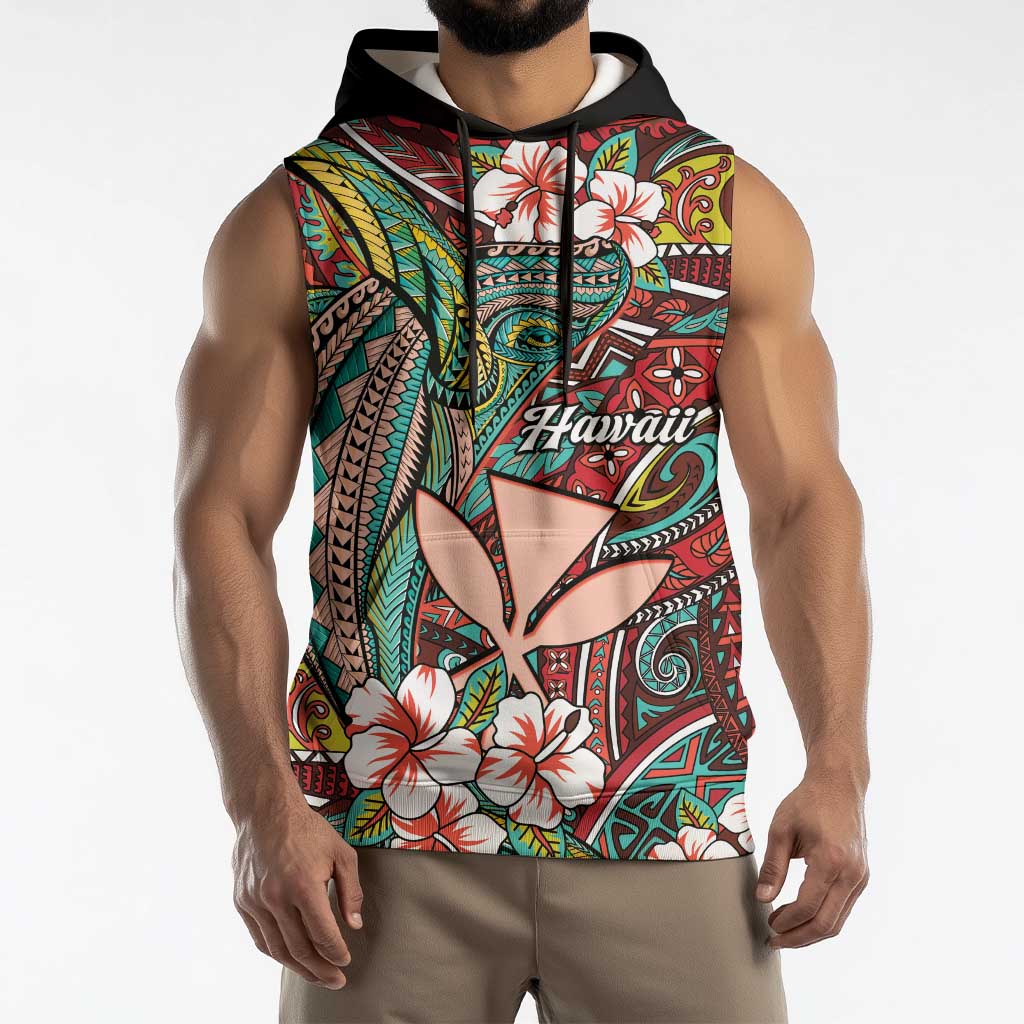 Personalised Hawaii Tribal Humpback Whale Sleeveless Hoodie Ulaula Hibiscus Seamless Pattern