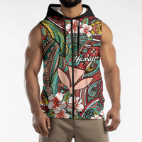 Personalised Hawaii Tribal Humpback Whale Sleeveless Zip Hoodie Ulaula Hibiscus Seamless Pattern