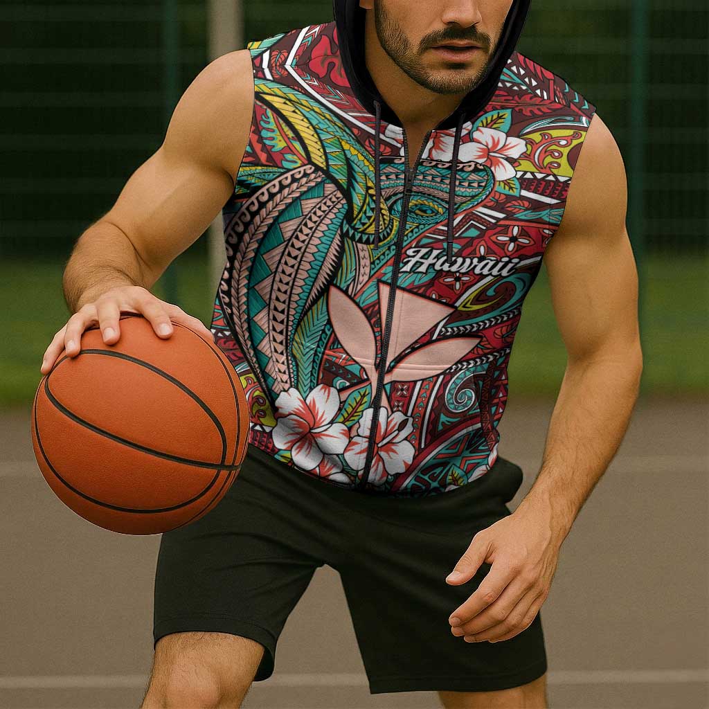 Personalised Hawaii Tribal Humpback Whale Sleeveless Zip Hoodie Ulaula Hibiscus Seamless Pattern