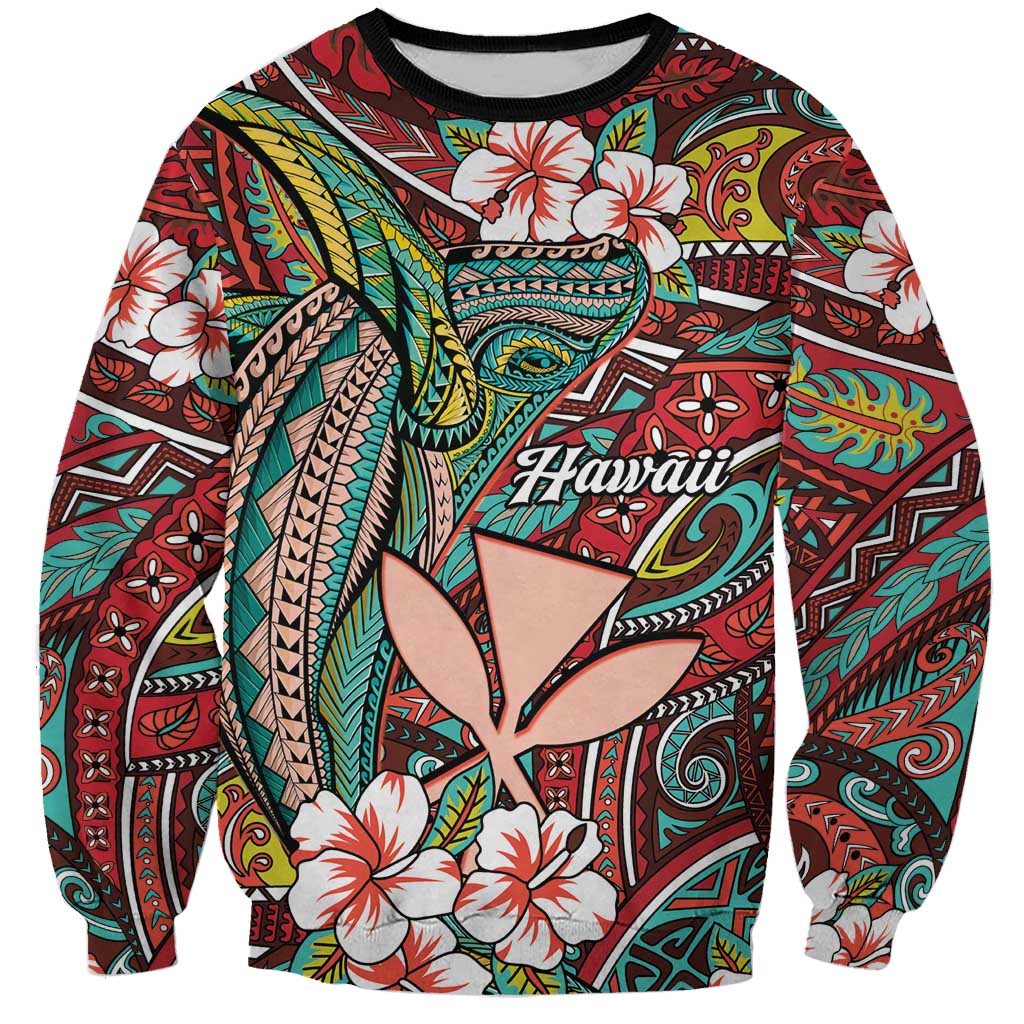 Personalised Hawaii Tribal Humpback Whale Sweatshirt Ulaula Hibiscus Seamless Pattern