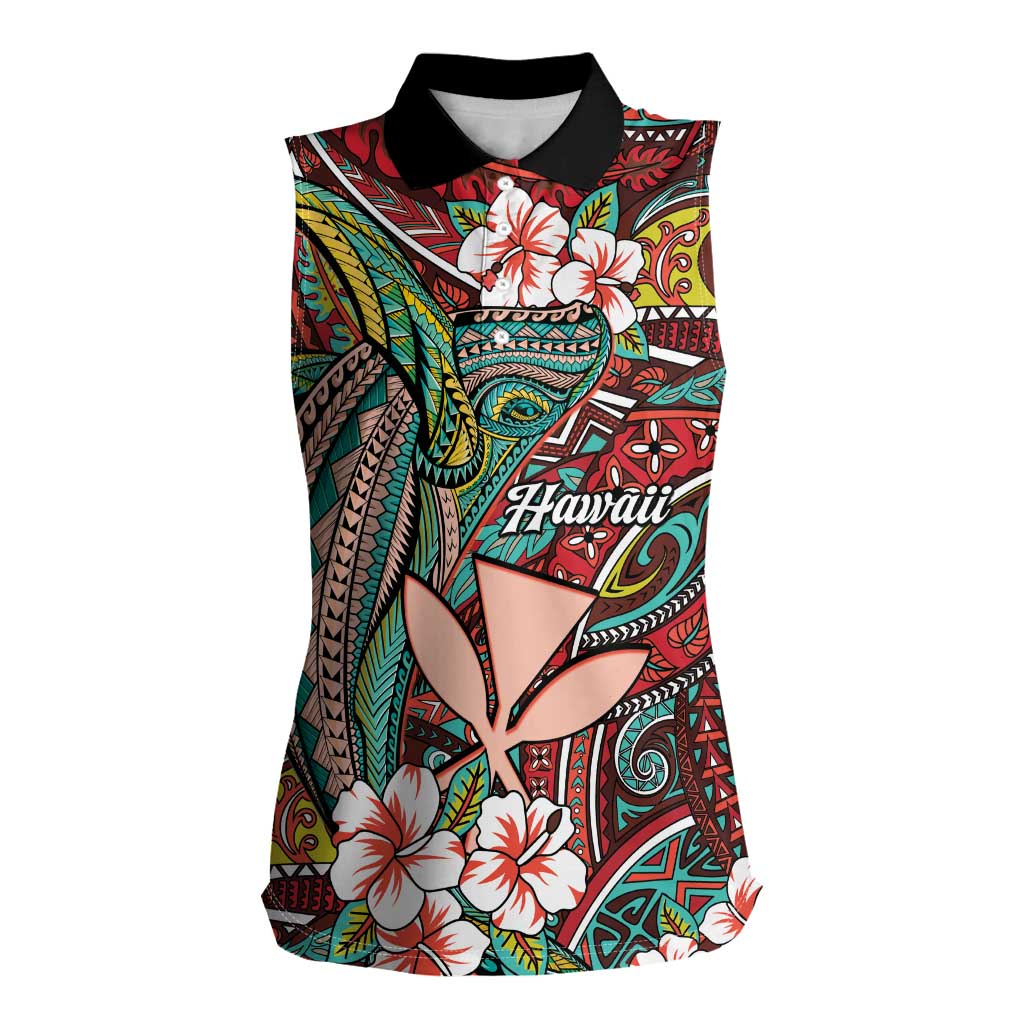 Personalised Hawaii Tribal Humpback Whale Women Sleeveless Polo Shirt Ulaula Hibiscus Seamless Pattern