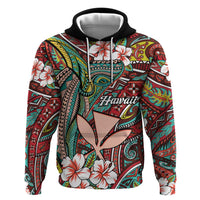 Personalised Hawaii Tribal Humpback Whale Zip Hoodie Ulaula Hibiscus Seamless Pattern