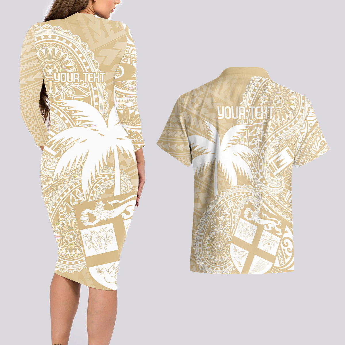 Custom Indo Fijians Couples Matching Long Sleeve Bodycon Dress and Hawaiian Shirt Fiji ke Hindustani Polyneisan Paisley Beige Style LT9 - Polynesian Pride