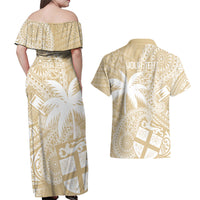 Custom Indo Fijians Couples Matching Off Shoulder Maxi Dress and Hawaiian Shirt Fiji ke Hindustani Polyneisan Paisley Beige Style LT9 - Polynesian Pride