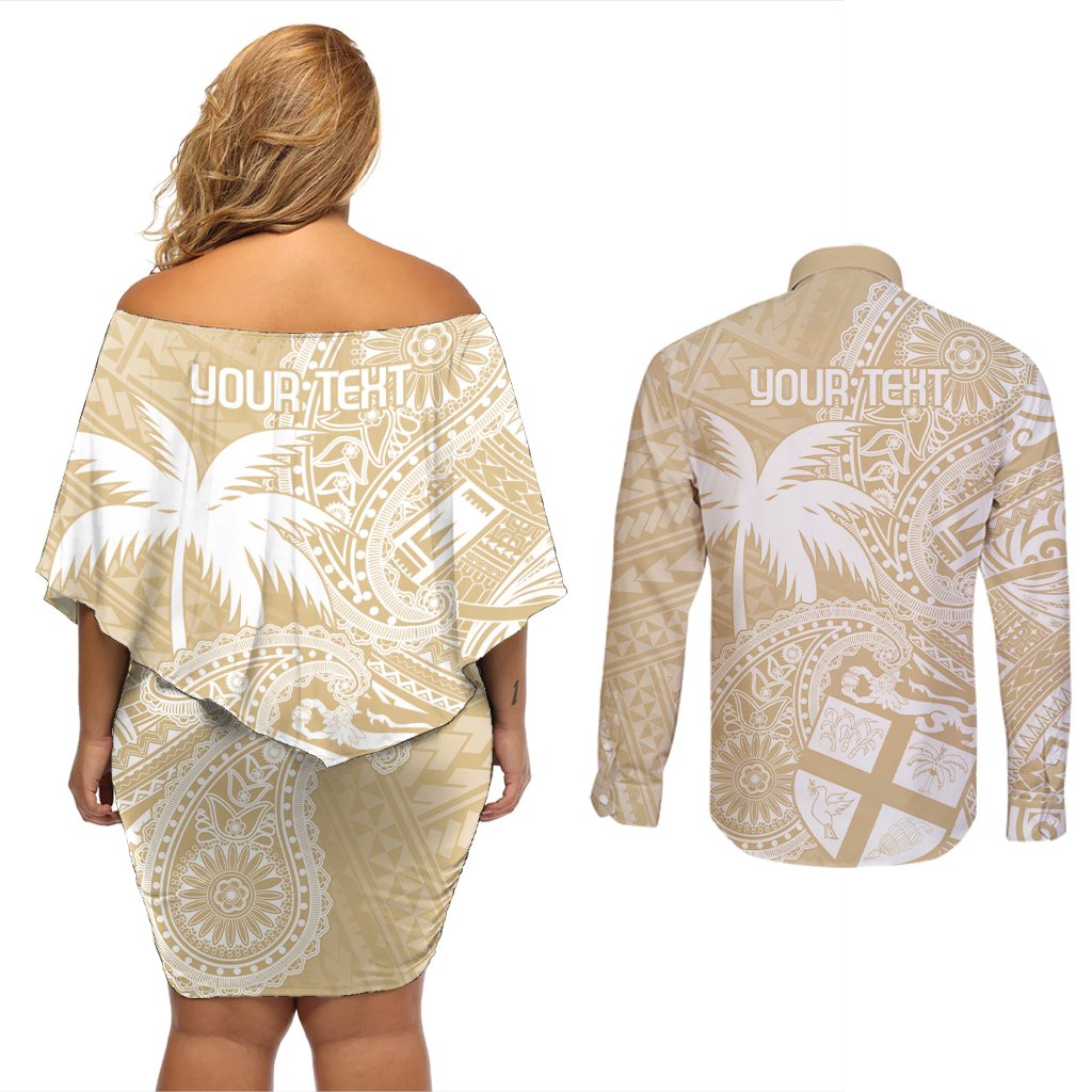 Custom Indo Fijians Couples Matching Off Shoulder Short Dress and Long Sleeve Button Shirt Fiji ke Hindustani Polyneisan Paisley Beige Style LT9 - Polynesian Pride