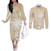 Custom Indo Fijians Couples Matching Off The Shoulder Long Sleeve Dress and Long Sleeve Button Shirt Fiji ke Hindustani Polyneisan Paisley Beige Style LT9 Beige - Polynesian Pride