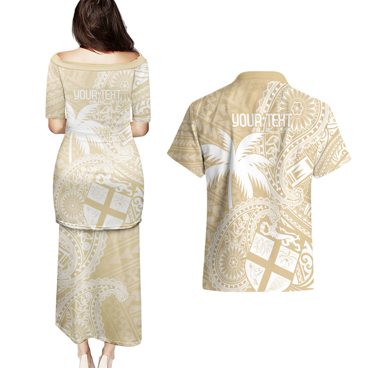 Custom Indo Fijians Couples Matching Puletasi and Hawaiian Shirt Fiji ke Hindustani Polyneisan Paisley Beige Style LT9 - Polynesian Pride