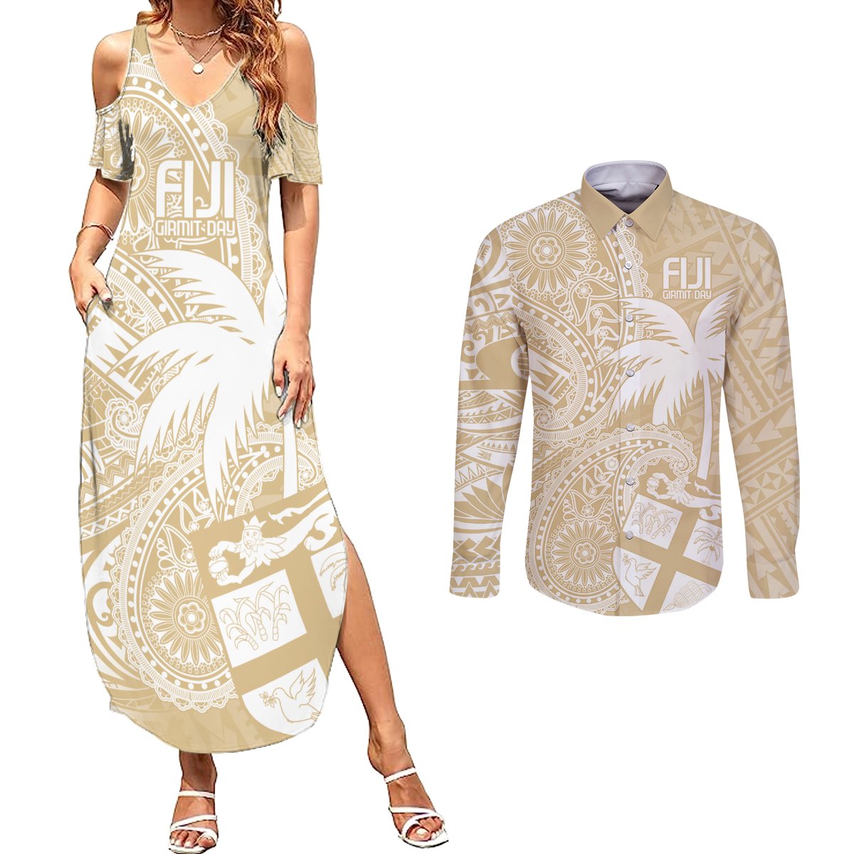 Custom Indo Fijians Couples Matching Summer Maxi Dress and Long Sleeve Button Shirt Fiji ke Hindustani Polyneisan Paisley Beige Style LT9 Beige - Polynesian Pride