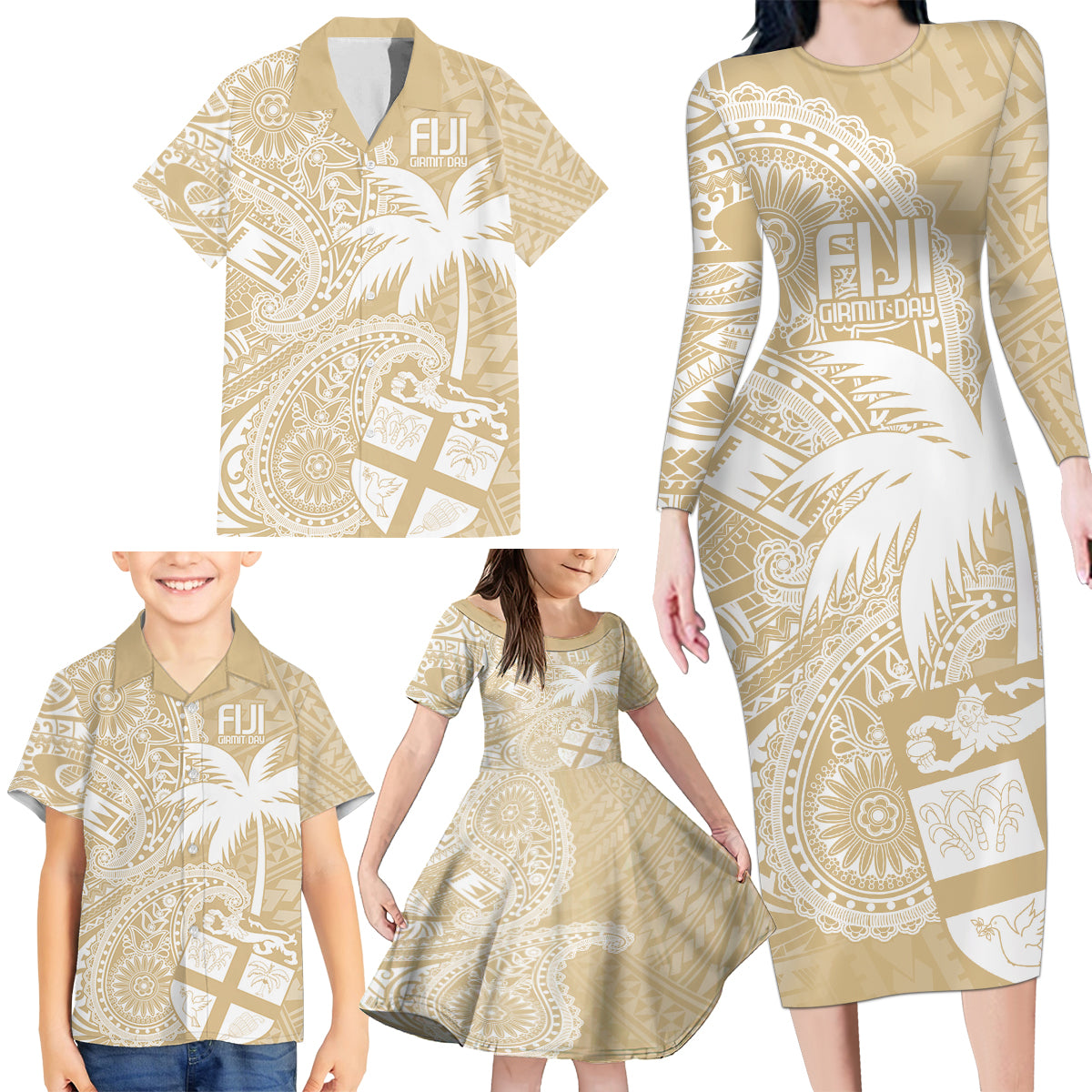 Custom Indo Fijians Family Matching Long Sleeve Bodycon Dress and Hawaiian Shirt Fiji ke Hindustani Polyneisan Paisley Beige Style LT9 - Polynesian Pride