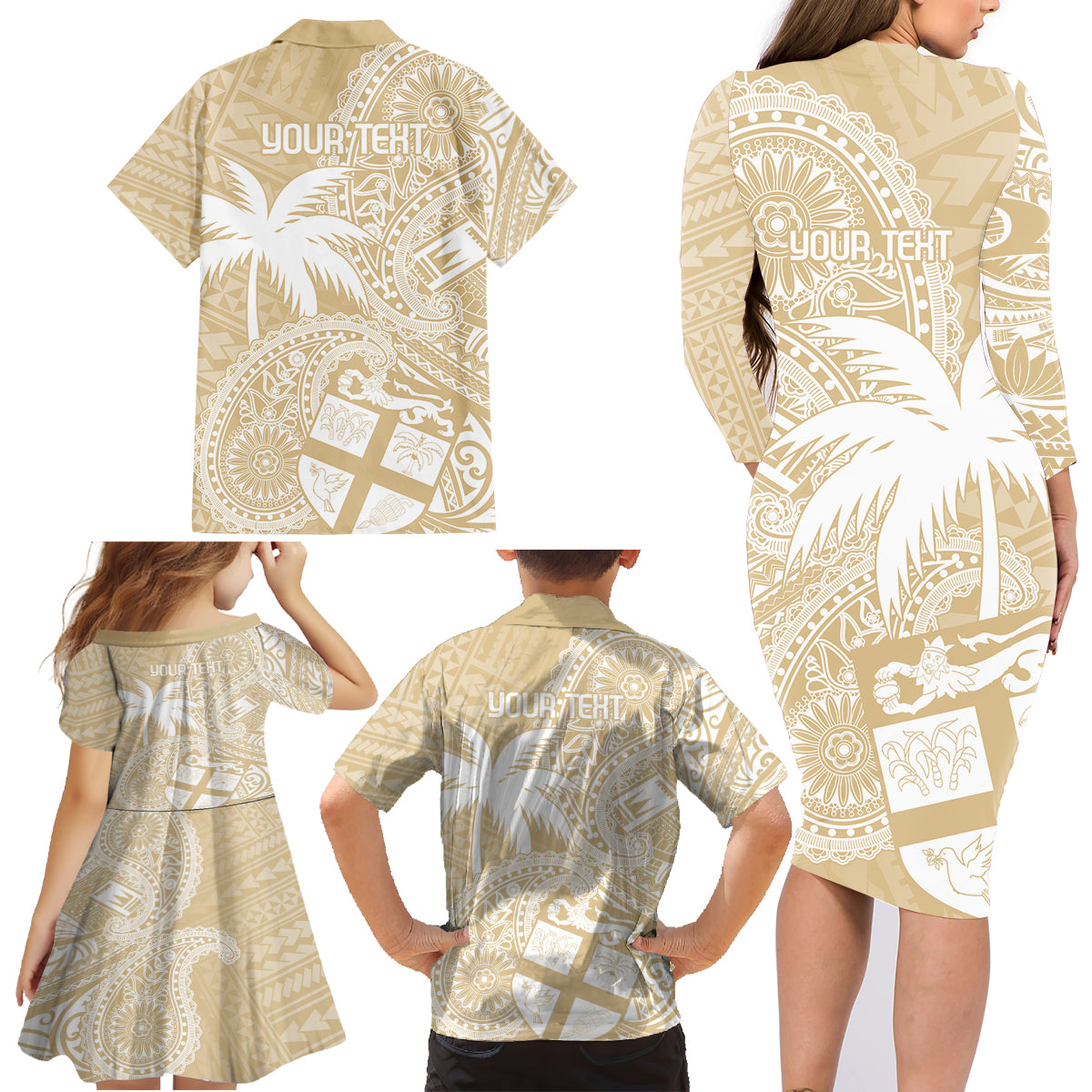 Custom Indo Fijians Family Matching Long Sleeve Bodycon Dress and Hawaiian Shirt Fiji ke Hindustani Polyneisan Paisley Beige Style LT9 - Polynesian Pride