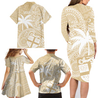 Custom Indo Fijians Family Matching Long Sleeve Bodycon Dress and Hawaiian Shirt Fiji ke Hindustani Polyneisan Paisley Beige Style LT9 - Polynesian Pride