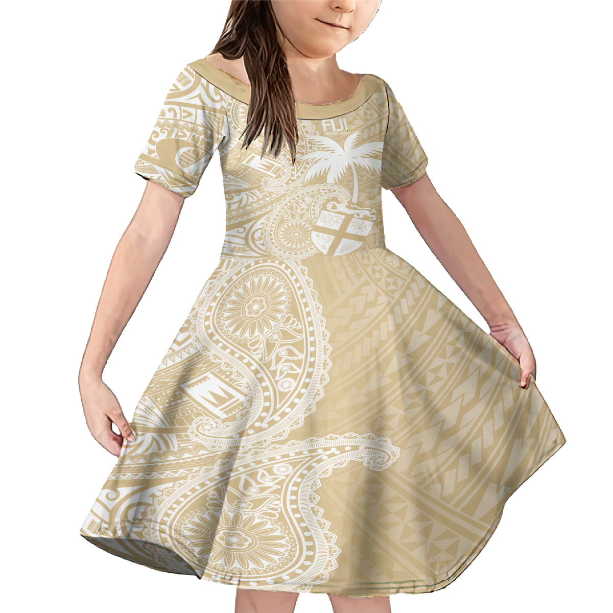 Custom Indo Fijians Family Matching Mermaid Dress and Hawaiian Shirt Fiji ke Hindustani Polyneisan Paisley Beige Style LT9 Daughter's Dress Beige - Polynesian Pride