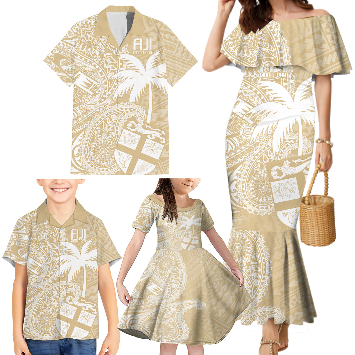 Custom Indo Fijians Family Matching Mermaid Dress and Hawaiian Shirt Fiji ke Hindustani Polyneisan Paisley Beige Style LT9 - Polynesian Pride