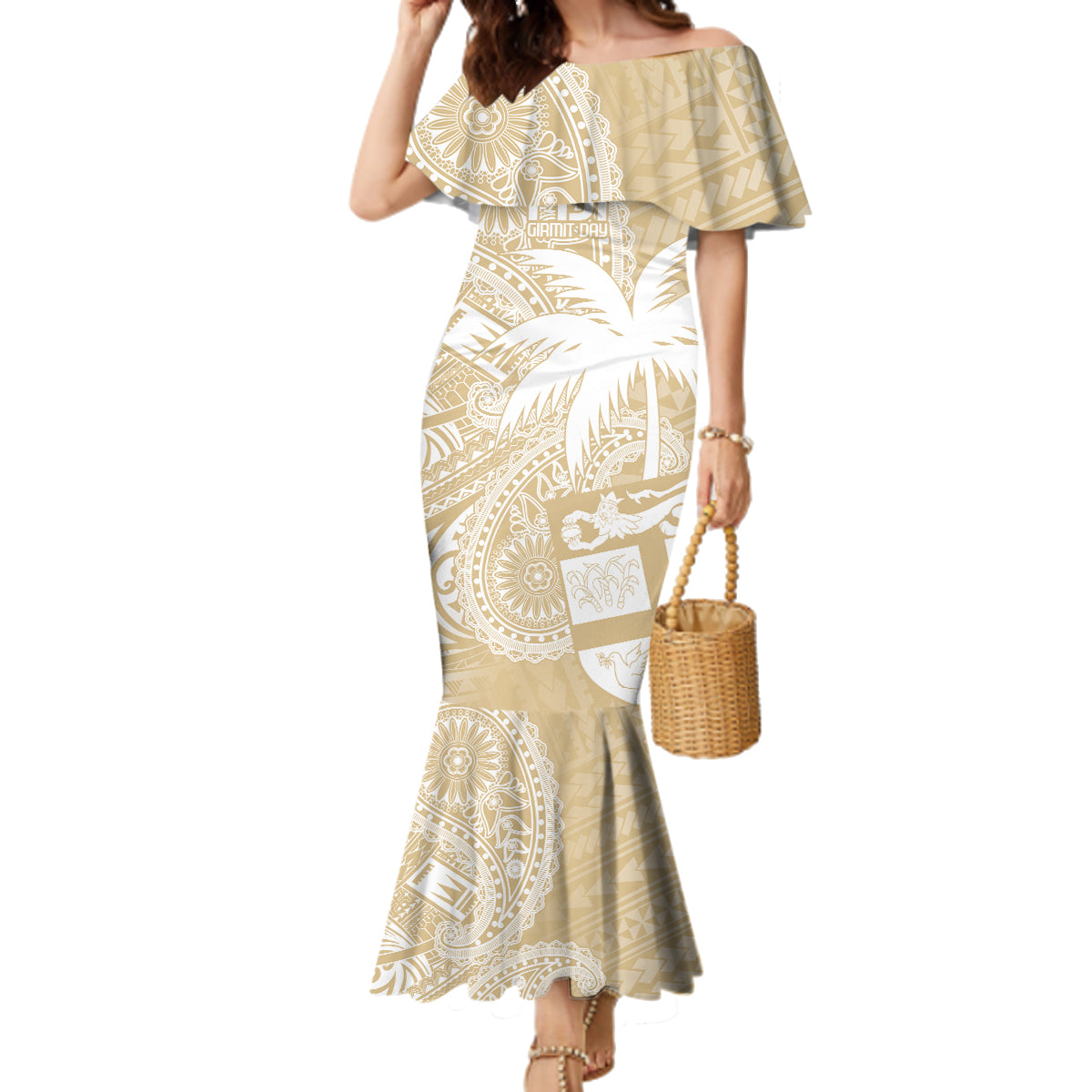 Custom Indo Fijians Family Matching Mermaid Dress and Hawaiian Shirt Fiji ke Hindustani Polyneisan Paisley Beige Style LT9 Mom's Dress Beige - Polynesian Pride