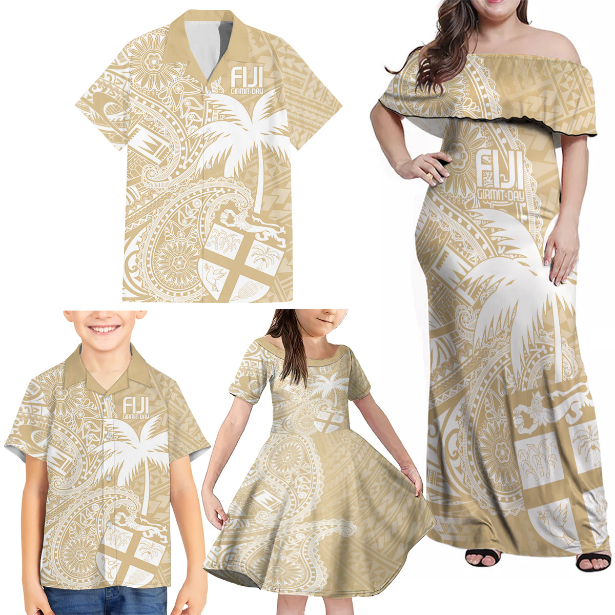 Custom Indo Fijians Family Matching Off Shoulder Maxi Dress and Hawaiian Shirt Fiji ke Hindustani Polyneisan Paisley Beige Style LT9 - Polynesian Pride